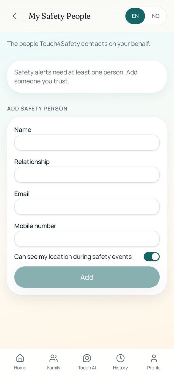 Touch4Safety Safety People screen listing trusted contacts