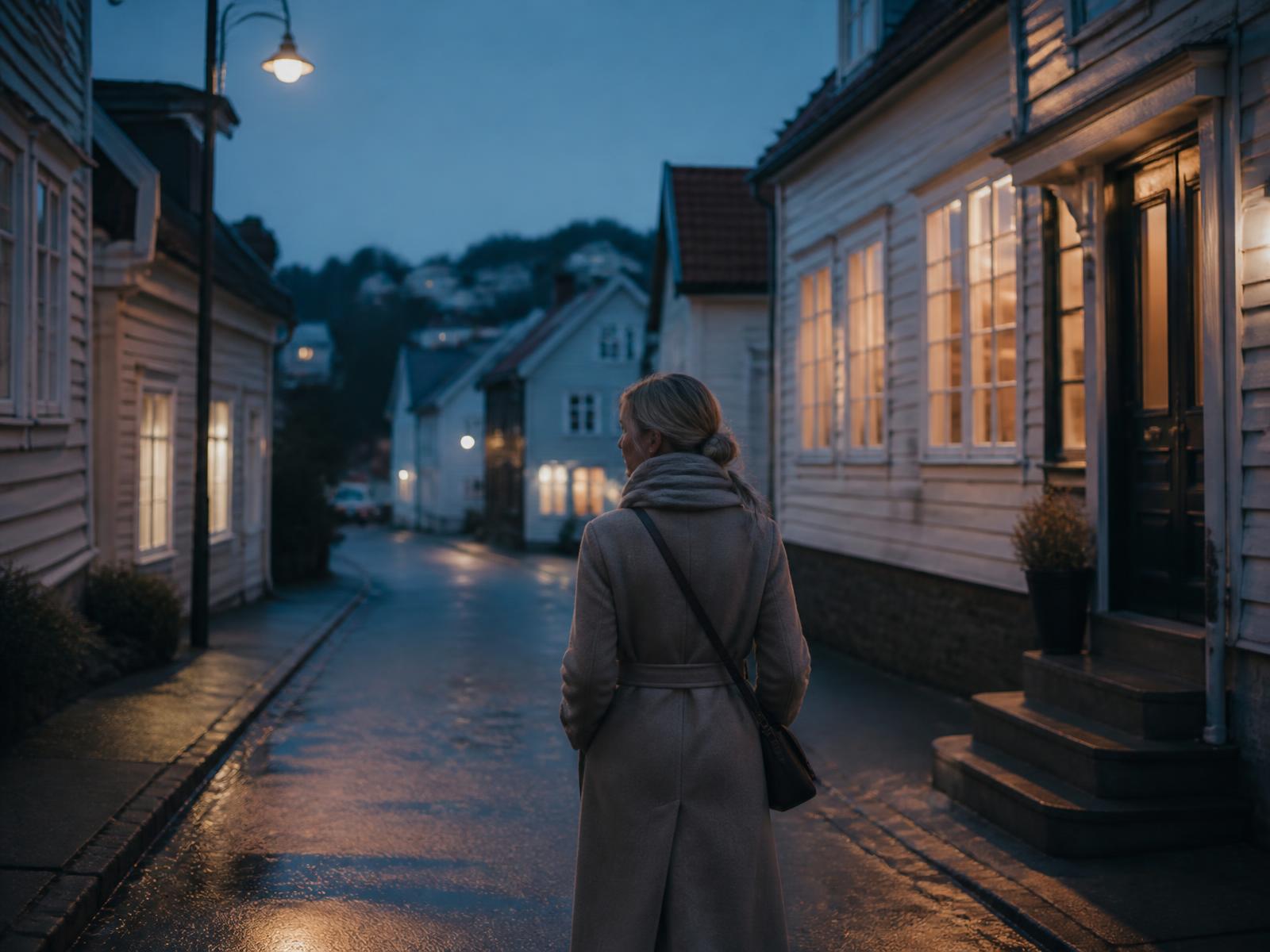A person walking home along a quiet Nordic street at dusk